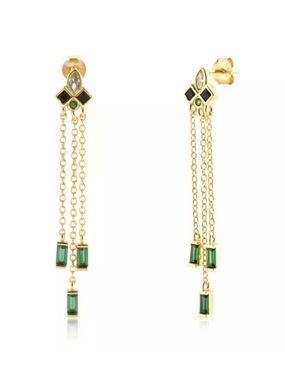 GOLD PLATED STERLING SILVER ART DECO MID CENTURY MODERN MCM EMERALD ONYX DANGLE